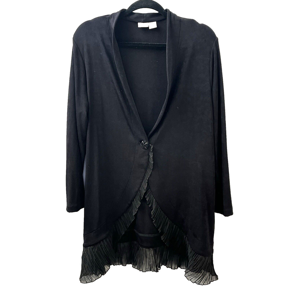 Chicos Travelers SZ 2 LG Black Slinky Button-Front Cardigan Jacket Ruffled Tunic
